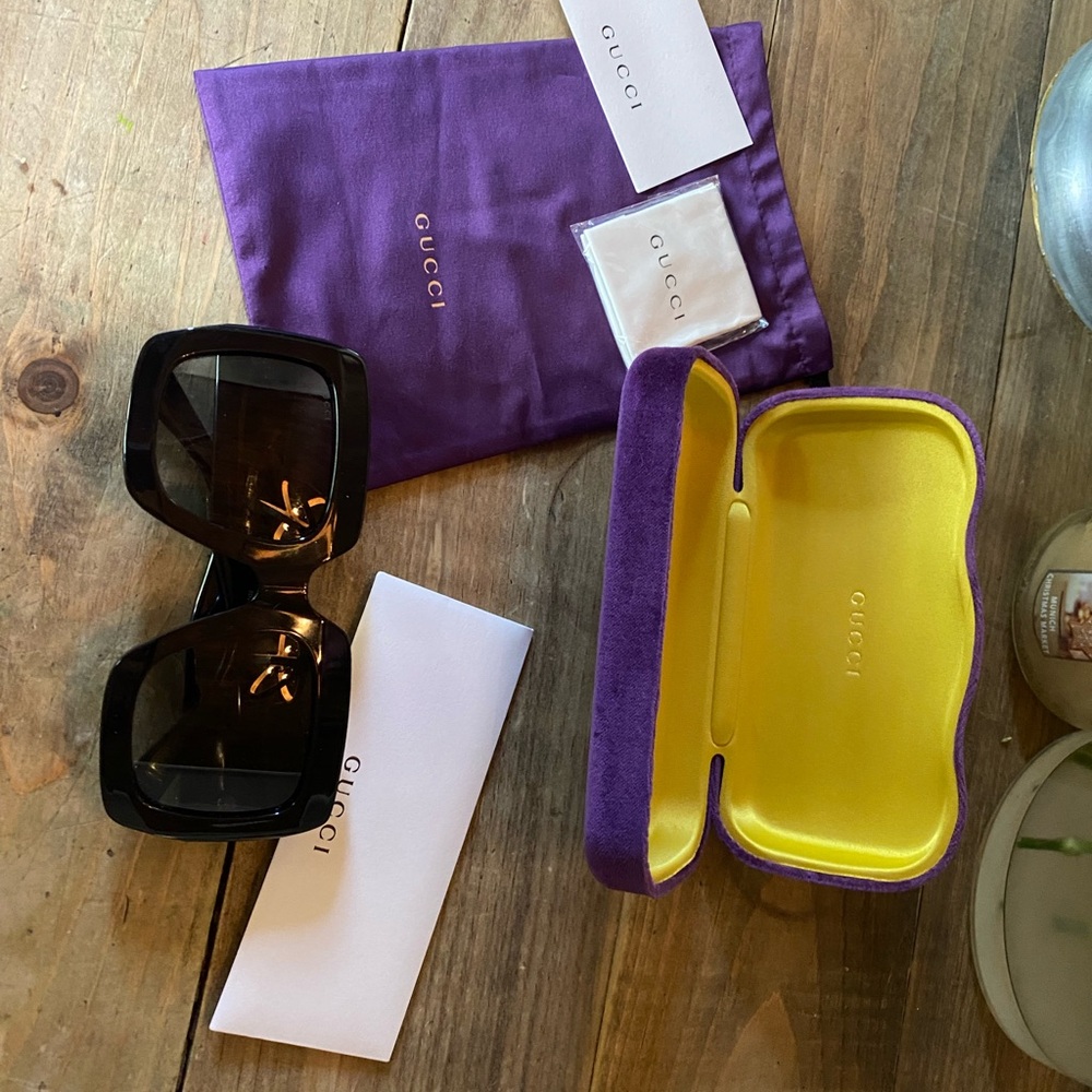 Oversized square Gucci Black Sunglasses with Vibrant Purple and Yellow Case
